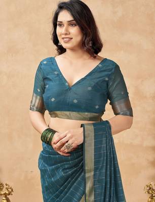 teal ethnic cotton blend fabric weaving jari designer fancy ethnic saree 5