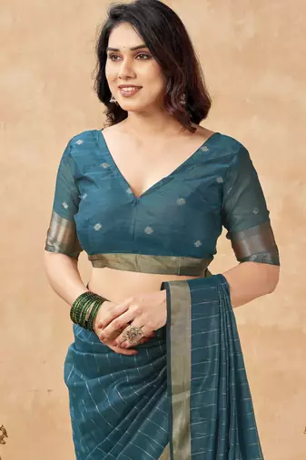 teal ethnic cotton blend fabric weaving jari designer fancy ethnic saree
