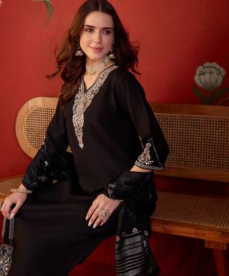Black cotton embellished kurta set with dupatta. 1