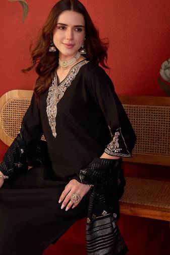 Black cotton embellished kurta set with dupatta.