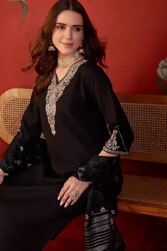 Black cotton embellished kurta set with dupatta.