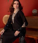 Black cotton embellished kurta set with dupatta.