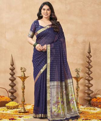 violet ethnic cotton blend fabric weaving jari designer fancy ethnic saree 1