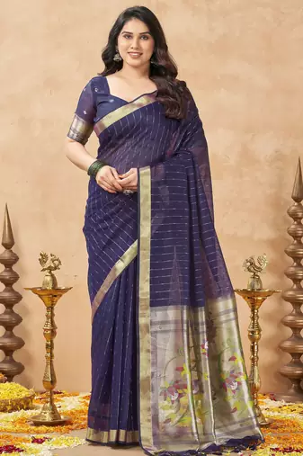 violet ethnic cotton blend fabric weaving jari designer fancy ethnic saree