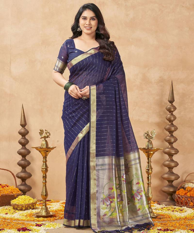 violet ethnic cotton blend fabric weaving jari designer fancy ethnic saree