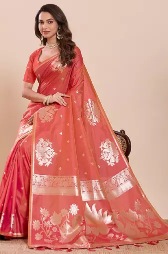 red colour embroidery with jari work silk blend saree with blouse