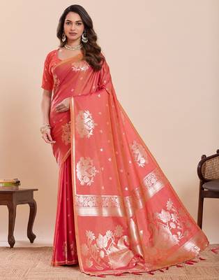 Red colour embroidery with jari work silk saree with blouse 2