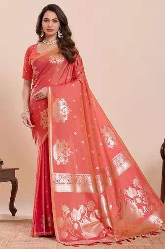 red colour embroidery with jari work silk blend saree with blouse