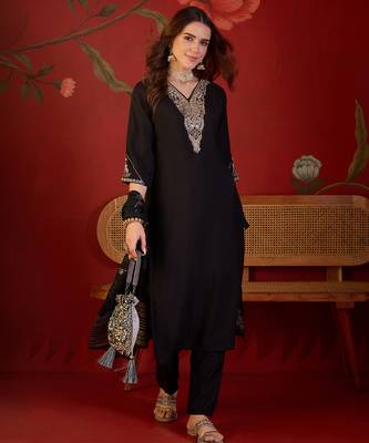 Black cotton embellished kurta set with dupatta. 2