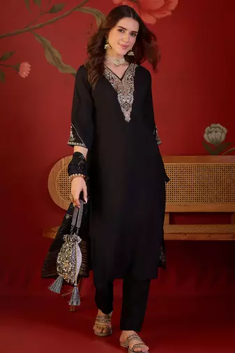 Black cotton embellished kurta set with dupatta.