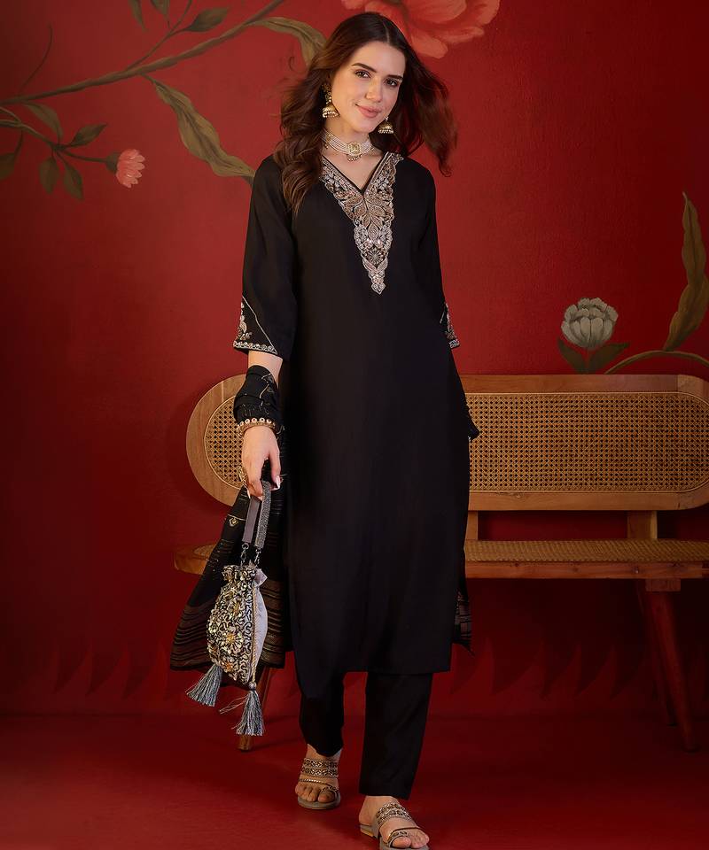 Black cotton embellished kurta set with dupatta.