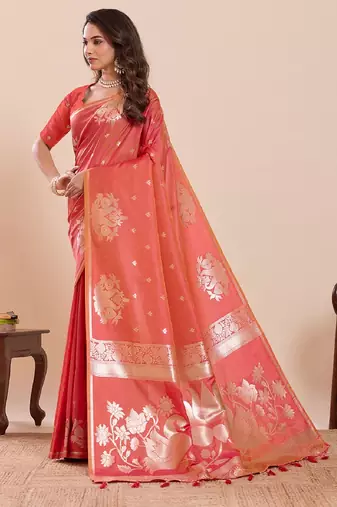 red colour embroidery with jari work silk blend saree with blouse