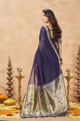 violet ethnic cotton blend fabric weaving jari designer fancy ethnic saree