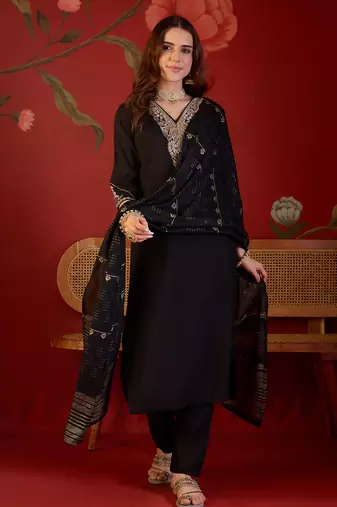 Black cotton embellished kurta set with dupatta.