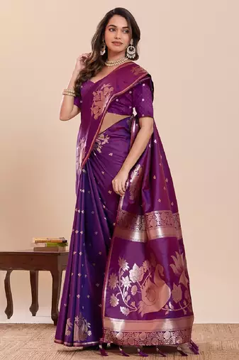 wine colour embroidery with jari work silk blend saree with blouse