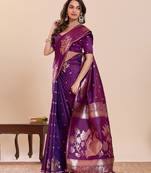wine colour embroidery with jari work silk blend saree with blouse