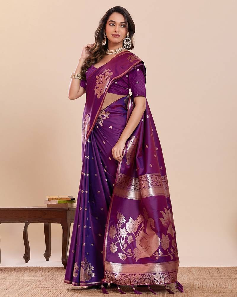 wine colour embroidery with jari work silk blend saree with blouse