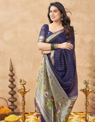 violet ethnic cotton blend fabric weaving jari designer fancy ethnic saree 3