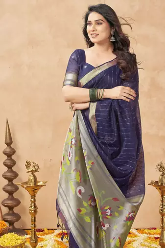 violet ethnic cotton blend fabric weaving jari designer fancy ethnic saree