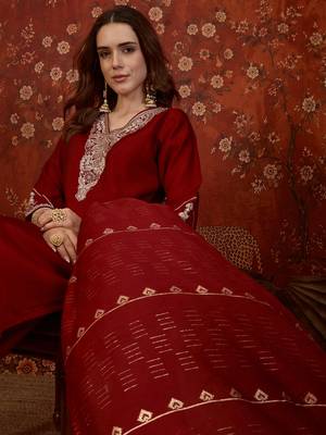 Maroon cotton embellished kurta set with dupatta. 1