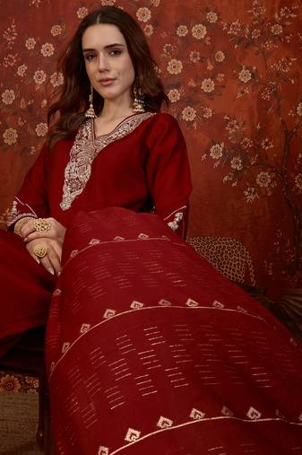 Maroon cotton embellished kurta set with dupatta.