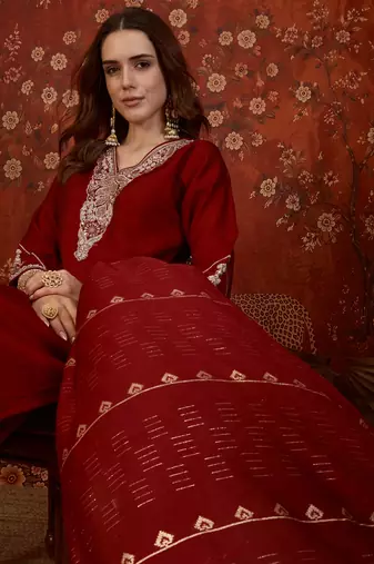 Maroon cotton embellished kurta set with dupatta.