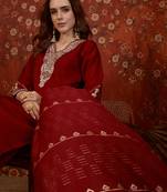 Maroon cotton embellished kurta set with dupatta.