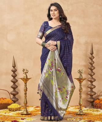 violet ethnic cotton blend fabric weaving jari designer fancy ethnic saree 4