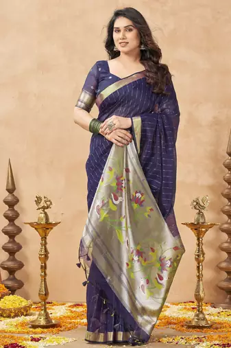 violet ethnic cotton blend fabric weaving jari designer fancy ethnic saree