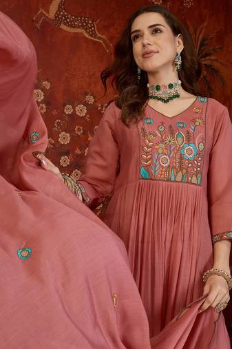 Peach cotton embroidered kurta set with dupatta.