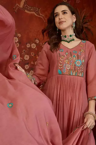 Peach cotton embroidered kurta set with dupatta.