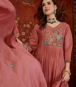 Peach cotton embroidered kurta set with dupatta.