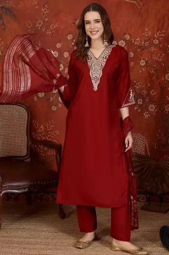 Maroon cotton embellished kurta set with dupatta.