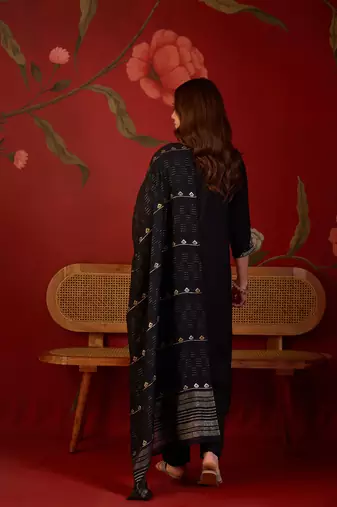 Black cotton embellished kurta set with dupatta.