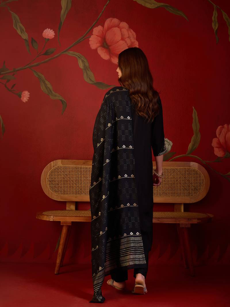 Black cotton embellished kurta set with dupatta.