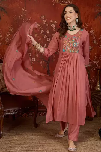 Peach cotton embroidered kurta set with dupatta.