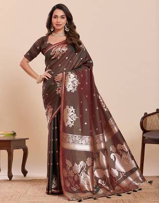 brown colour embroidery with jari work silk blend saree with blouse 1