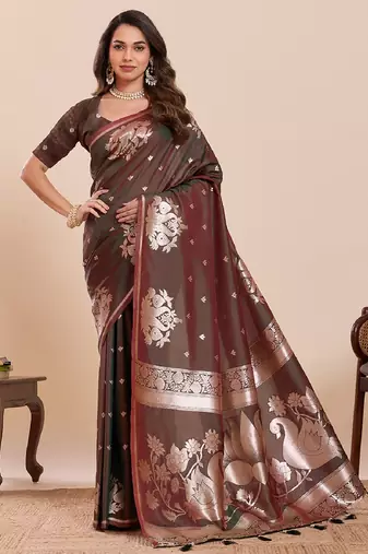 brown colour embroidery with jari work silk blend saree with blouse