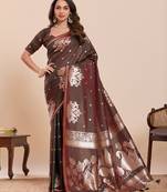 brown colour embroidery with jari work silk blend saree with blouse