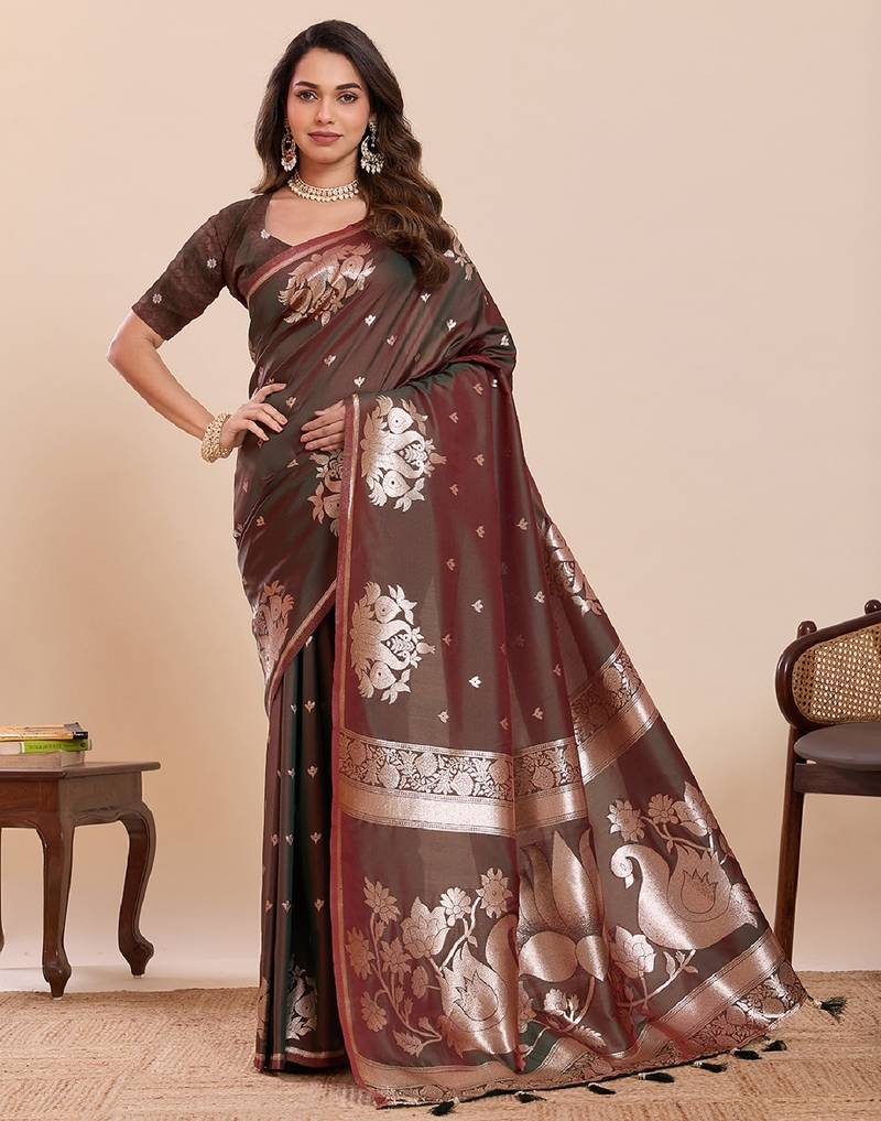 brown colour embroidery with jari work silk blend saree with blouse