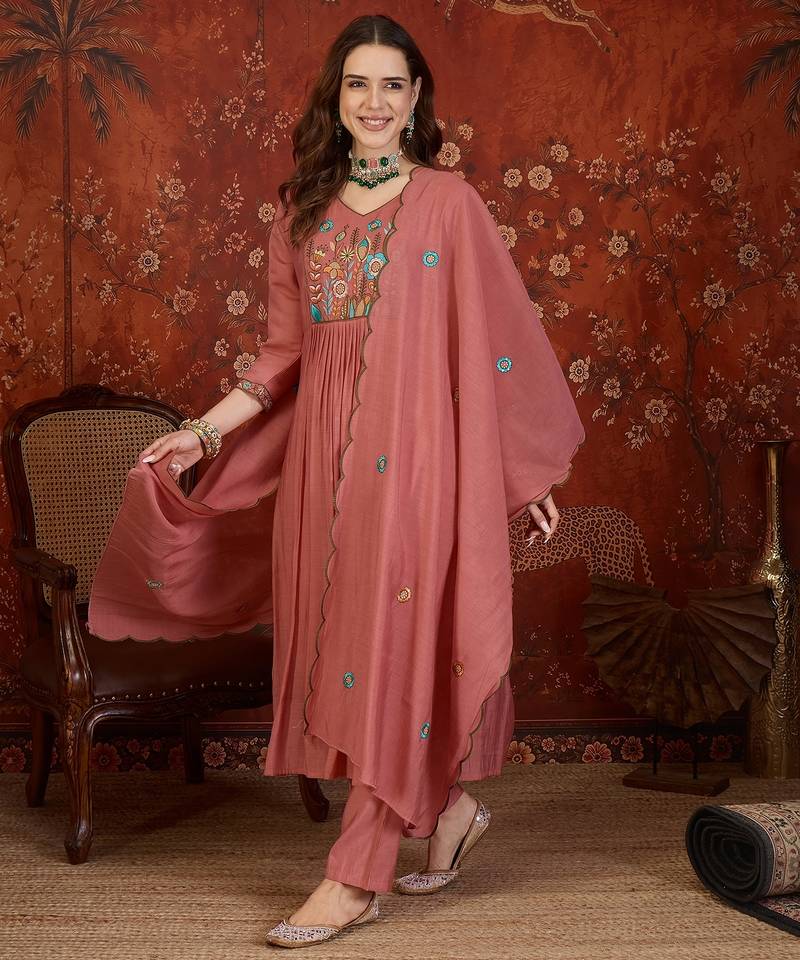 Peach cotton embroidered kurta set with dupatta.