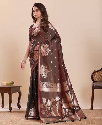 brown colour embroidery with jari work silk blend saree with blouse 3