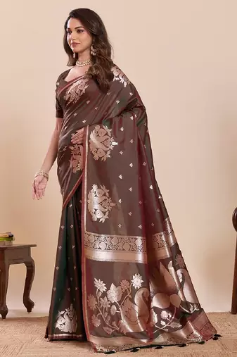 brown colour embroidery with jari work silk blend saree with blouse
