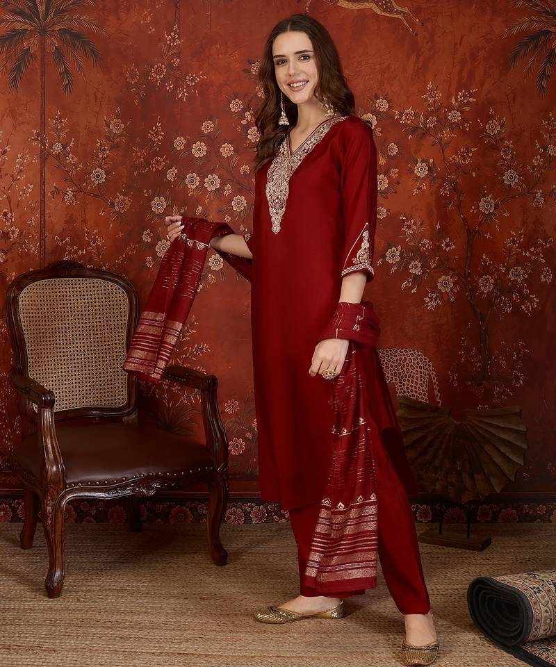 Maroon cotton embellished kurta set with dupatta.