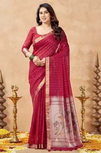 maroon ethnic cotton blend fabric weaving jari designer fancy ethnic saree