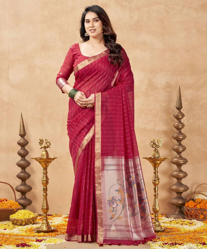maroon ethnic cotton blend fabric weaving jari designer fancy ethnic saree