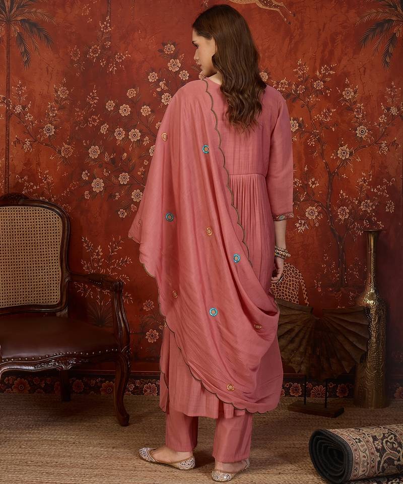 Peach cotton embroidered kurta set with dupatta.