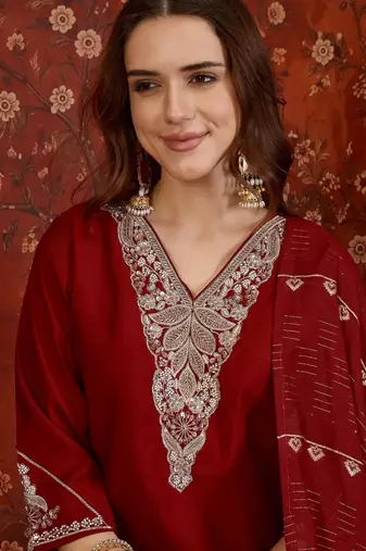 Maroon cotton embellished kurta set with dupatta.