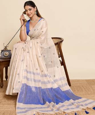 Blue color embroidery cotton silk saree with blouse 1