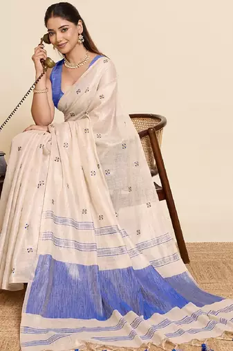 Blue color embroidery cotton silk saree with blouse